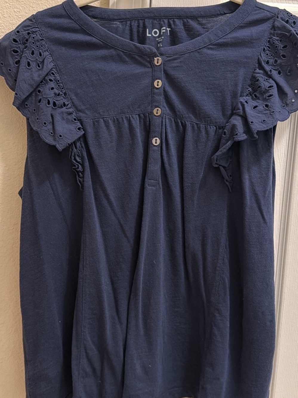 LOFT Navy Eyelet Flutter Sleeve Cotton Top XL